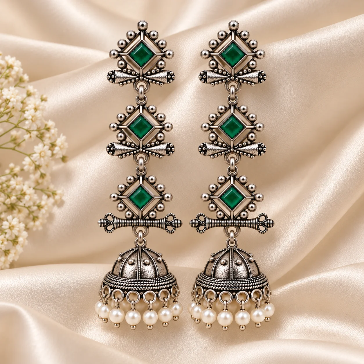 Long Oxidised Jhumka Earrings for Women | Tribal Pearl Drop