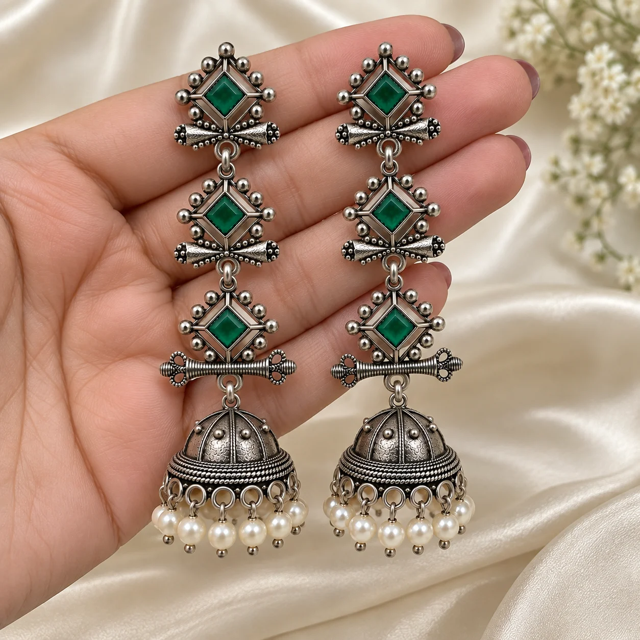 Long Oxidised Jhumka Earrings for Women | Tribal Pearl Drop