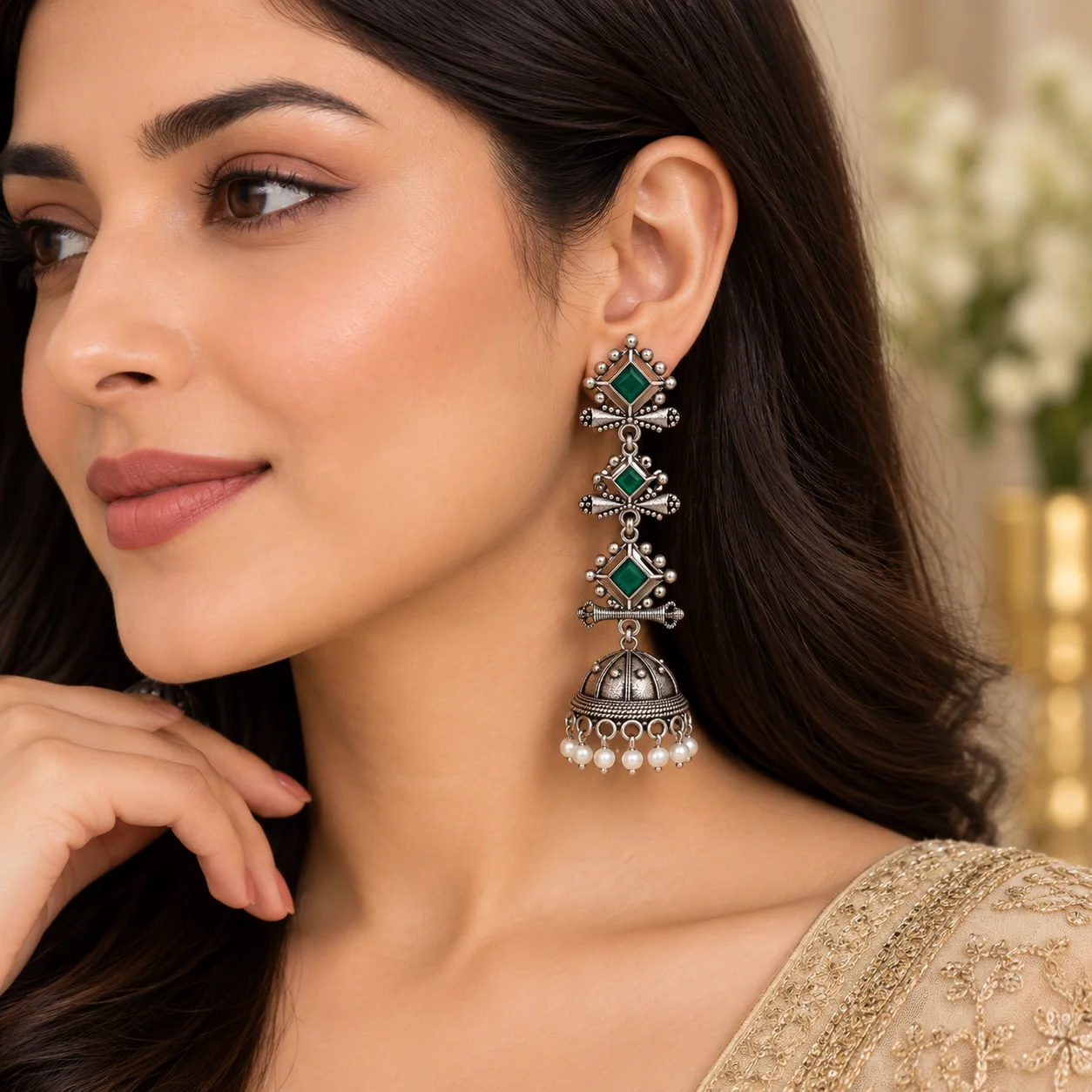 Long Oxidised Jhumka Earrings for Women | Tribal Pearl Drop