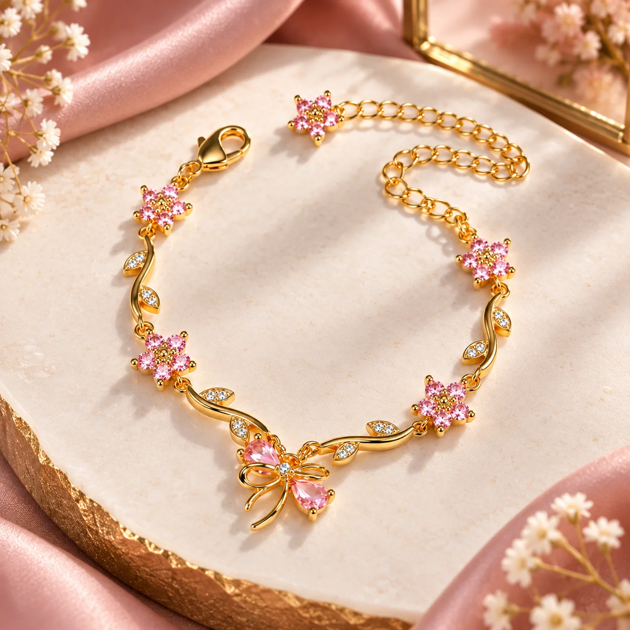 Pink Zircon Gold Plated Flower Vine Bracelet for Women | Bow Charm Adjustable Bracelet