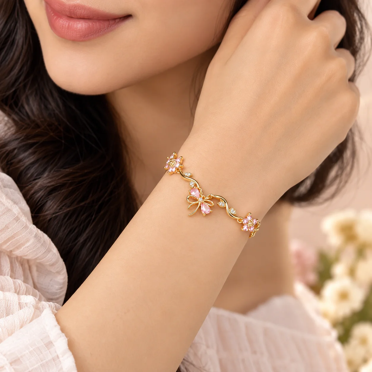 Pink Zircon Gold Plated Flower Vine Bracelet for Women | Bow Charm Adjustable Bracelet