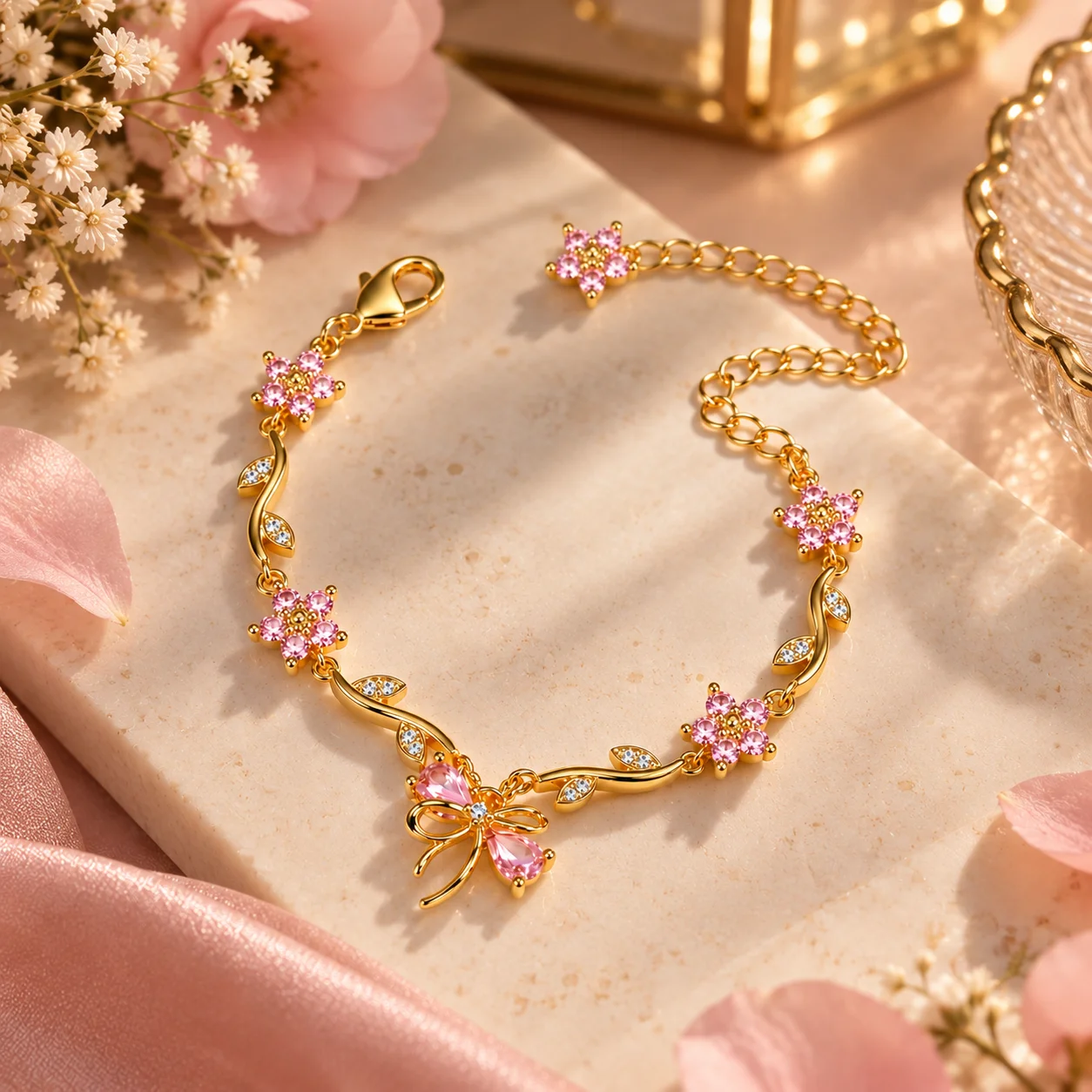 Pink Zircon Gold Plated Flower Vine Bracelet for Women | Bow Charm Adjustable Bracelet