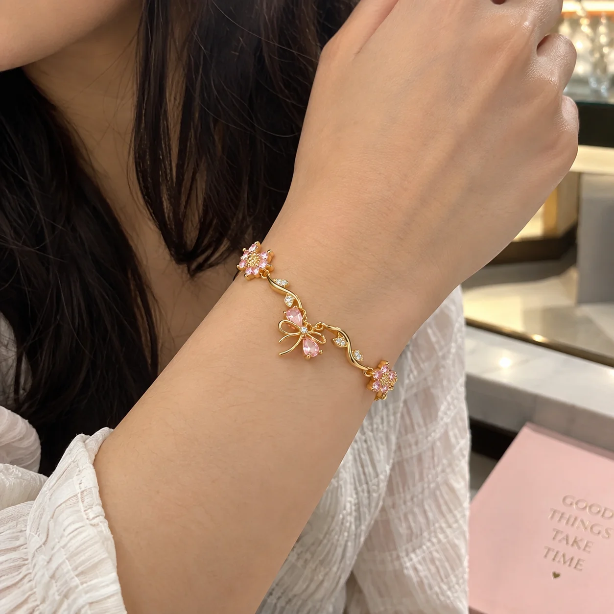 Pink Zircon Gold Plated Flower Vine Bracelet for Women | Bow Charm Adjustable Bracelet