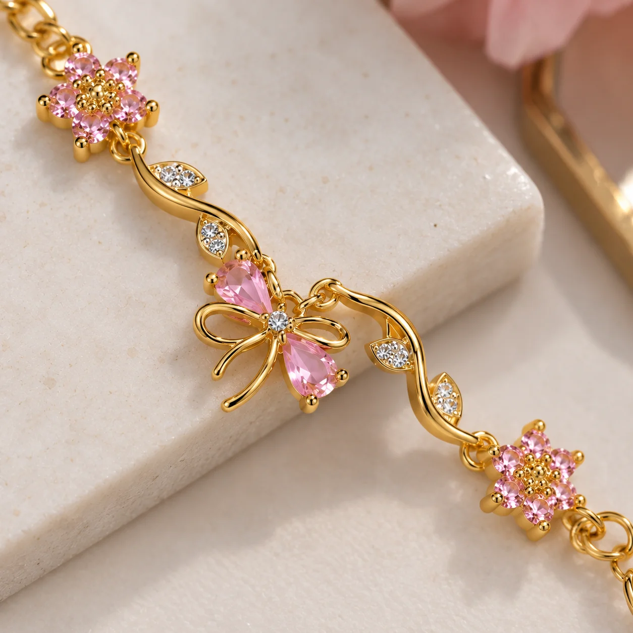 Pink Zircon Gold Plated Flower Vine Bracelet for Women | Bow Charm Adjustable Bracelet
