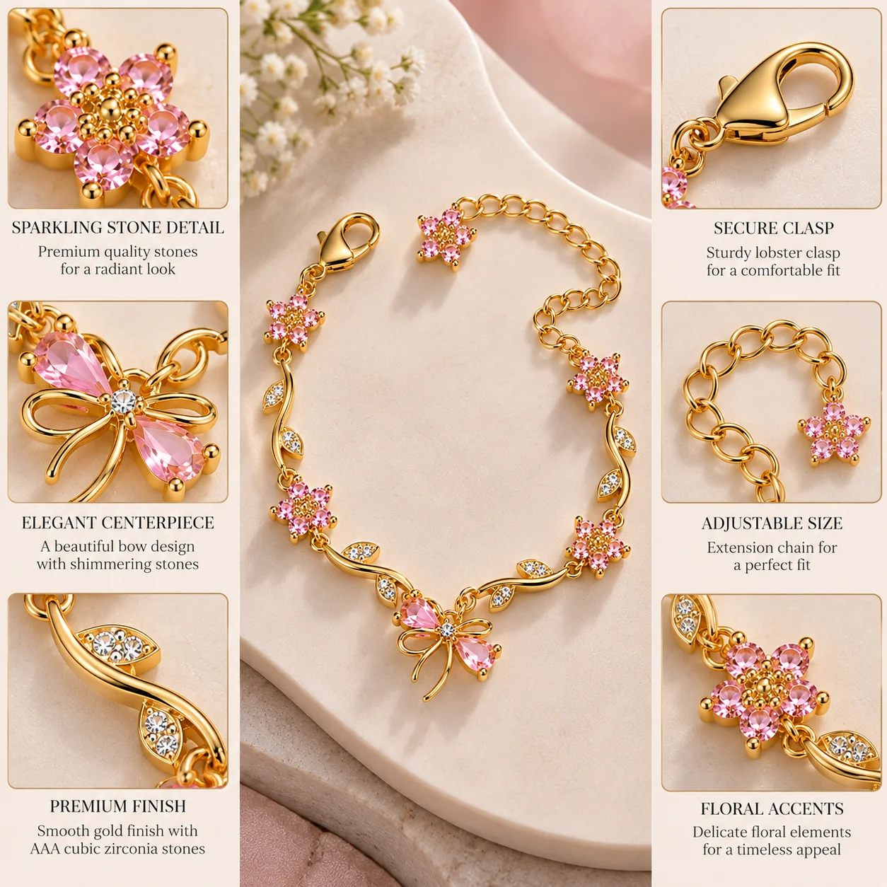 Pink Zircon Gold Plated Flower Vine Bracelet for Women | Bow Charm Adjustable Bracelet