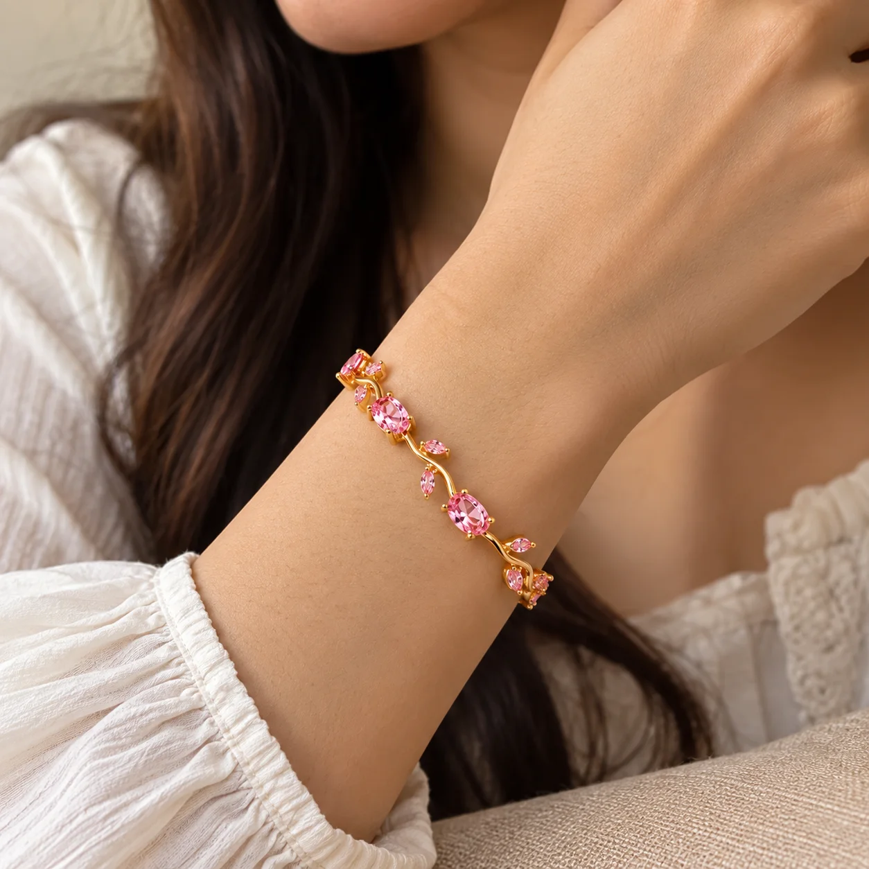 Pink Zircon Gold Plated Tulip Leaf Vine Bracelet for Women | Elegant Party Wear Bracelet