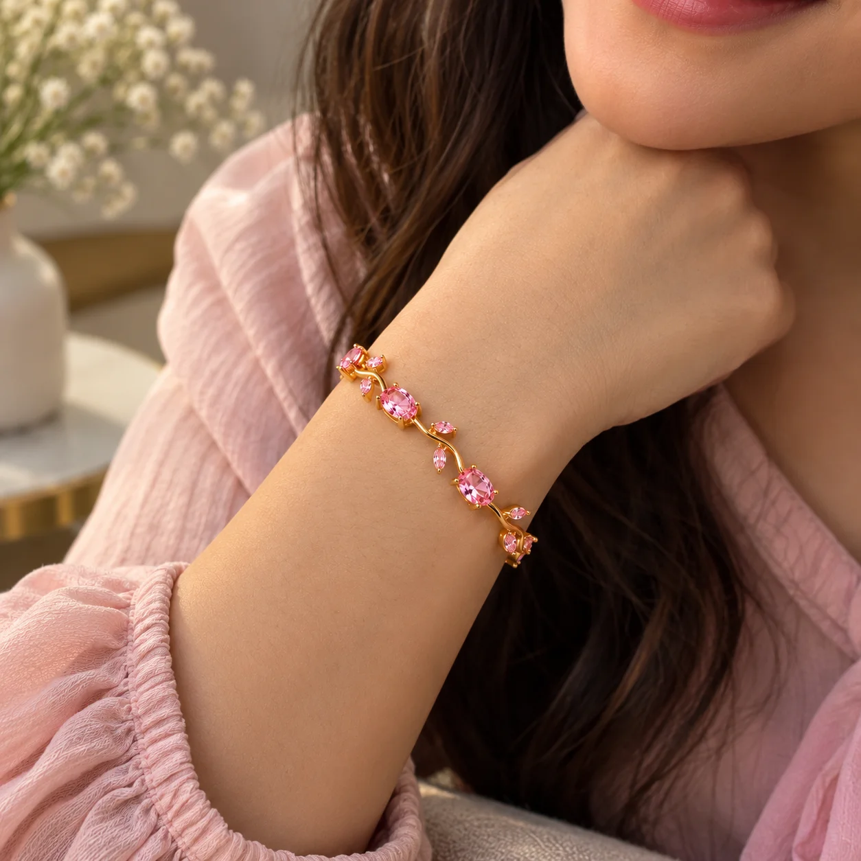 Pink Zircon Gold Plated Tulip Leaf Vine Bracelet for Women | Elegant Party Wear Bracelet