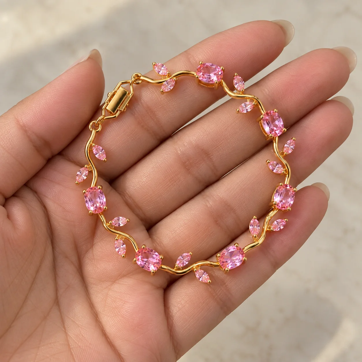 Pink Zircon Gold Plated Tulip Leaf Vine Bracelet for Women | Elegant Party Wear Bracelet