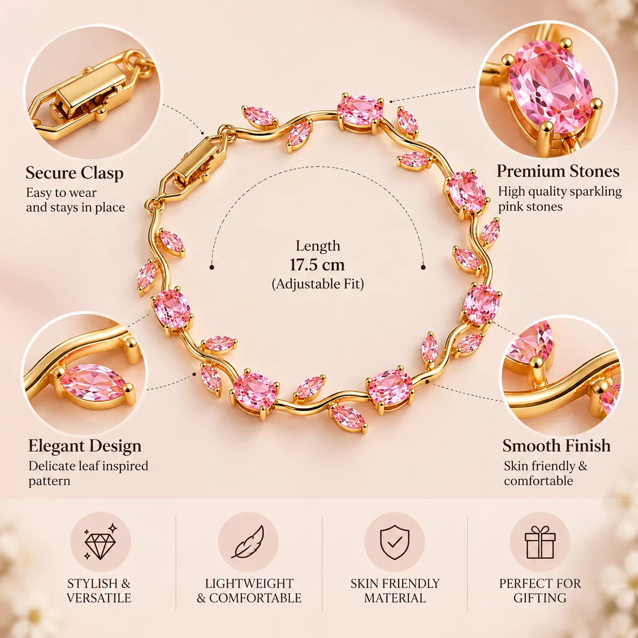 Pink Zircon Gold Plated Tulip Leaf Vine Bracelet for Women | Elegant Party Wear Bracelet