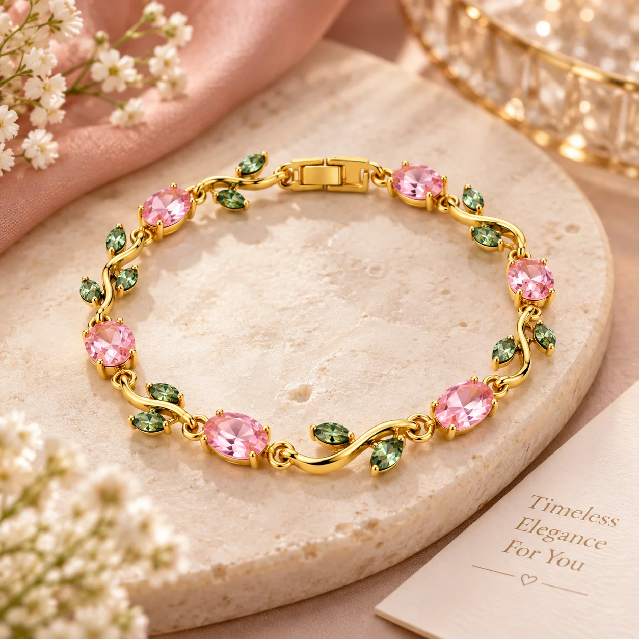 Pink Green Zircon Gold Plated Leaf Vine Bracelet for Women | Elegant Party Wear Bracelet