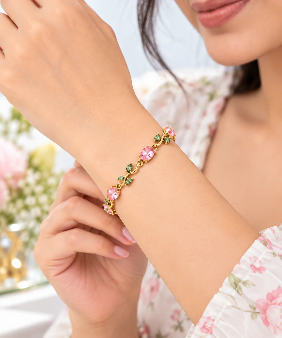 Pink Green Zircon Gold Plated Leaf Vine Bracelet for Women | Elegant Party Wear Bracelet