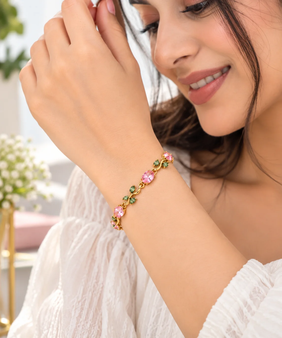 Pink Green Zircon Gold Plated Leaf Vine Bracelet for Women | Elegant Party Wear Bracelet