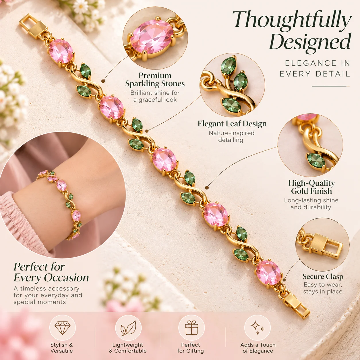 Pink Green Zircon Gold Plated Leaf Vine Bracelet for Women | Elegant Party Wear Bracelet