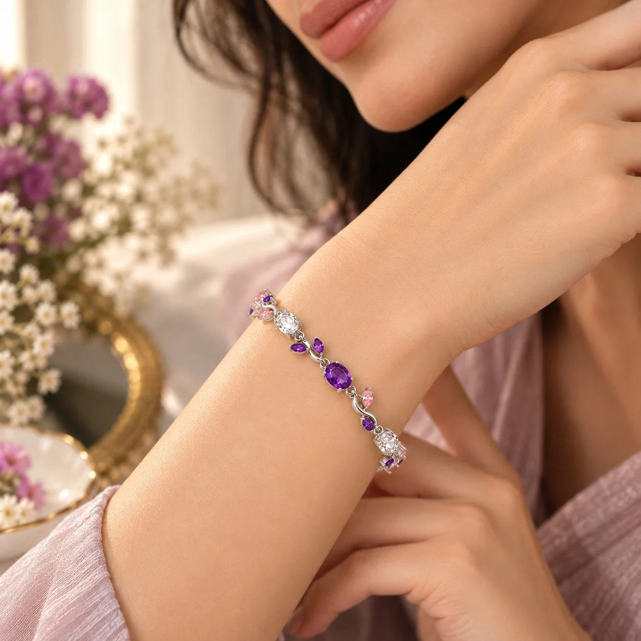 Purple Pink Crystal Vine Leaf Bracelet for Women – Silver Tone Jewelry