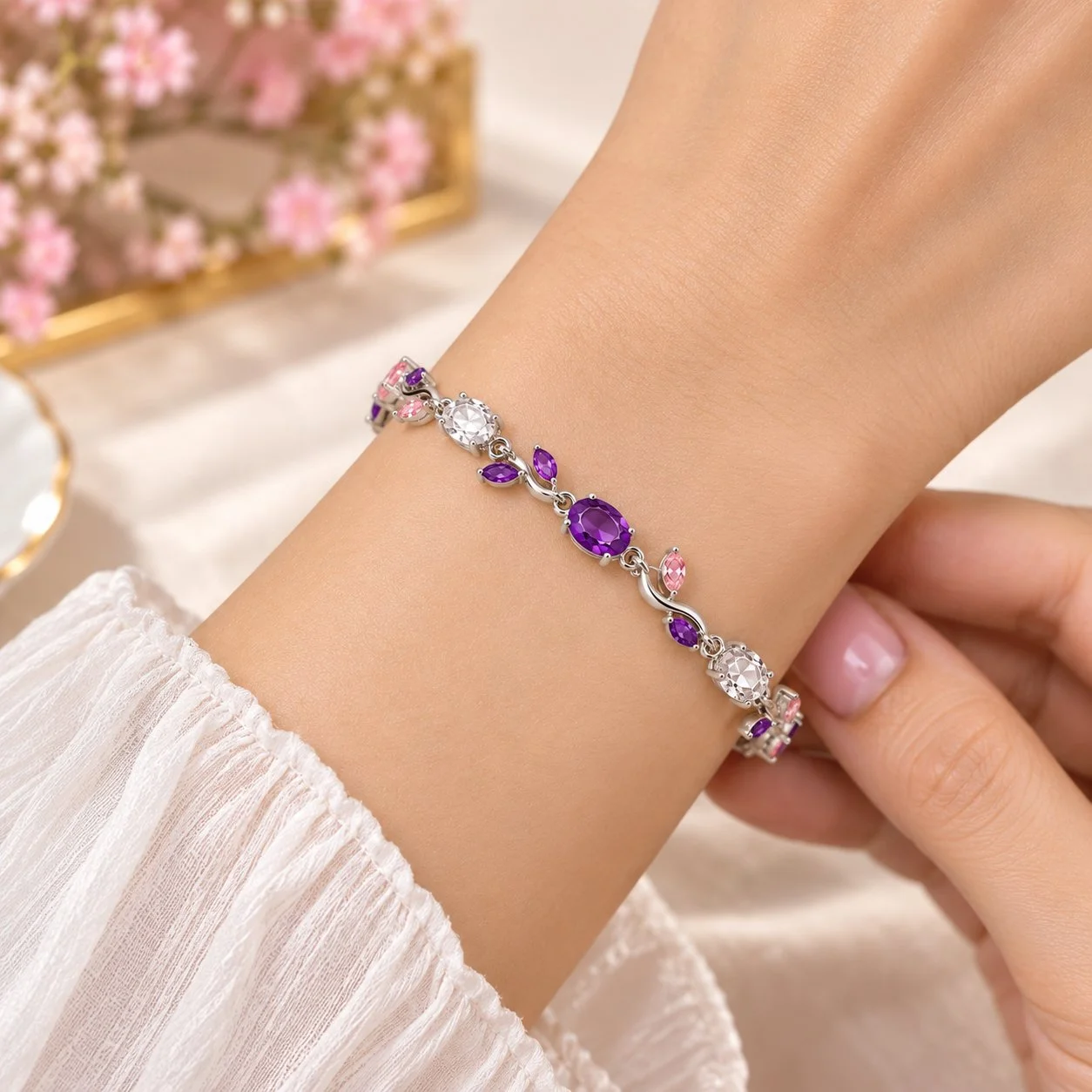 Purple Pink Crystal Vine Leaf Bracelet for Women – Silver Tone Jewelry