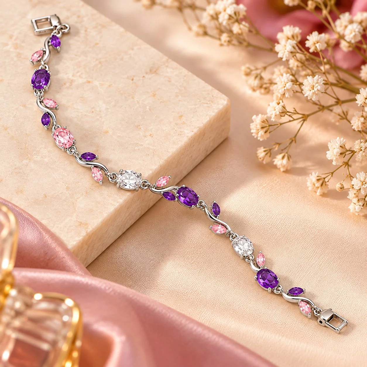Purple Pink Crystal Vine Leaf Bracelet for Women – Silver Tone Jewelry