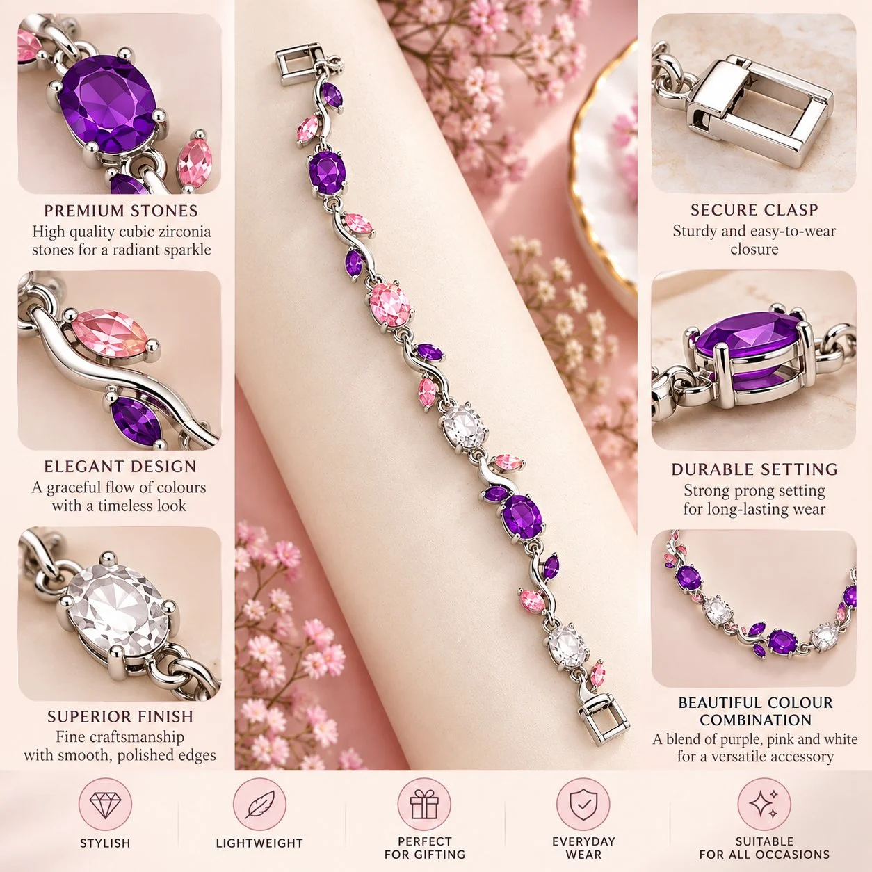 Purple Pink Crystal Vine Leaf Bracelet for Women – Silver Tone Jewelry