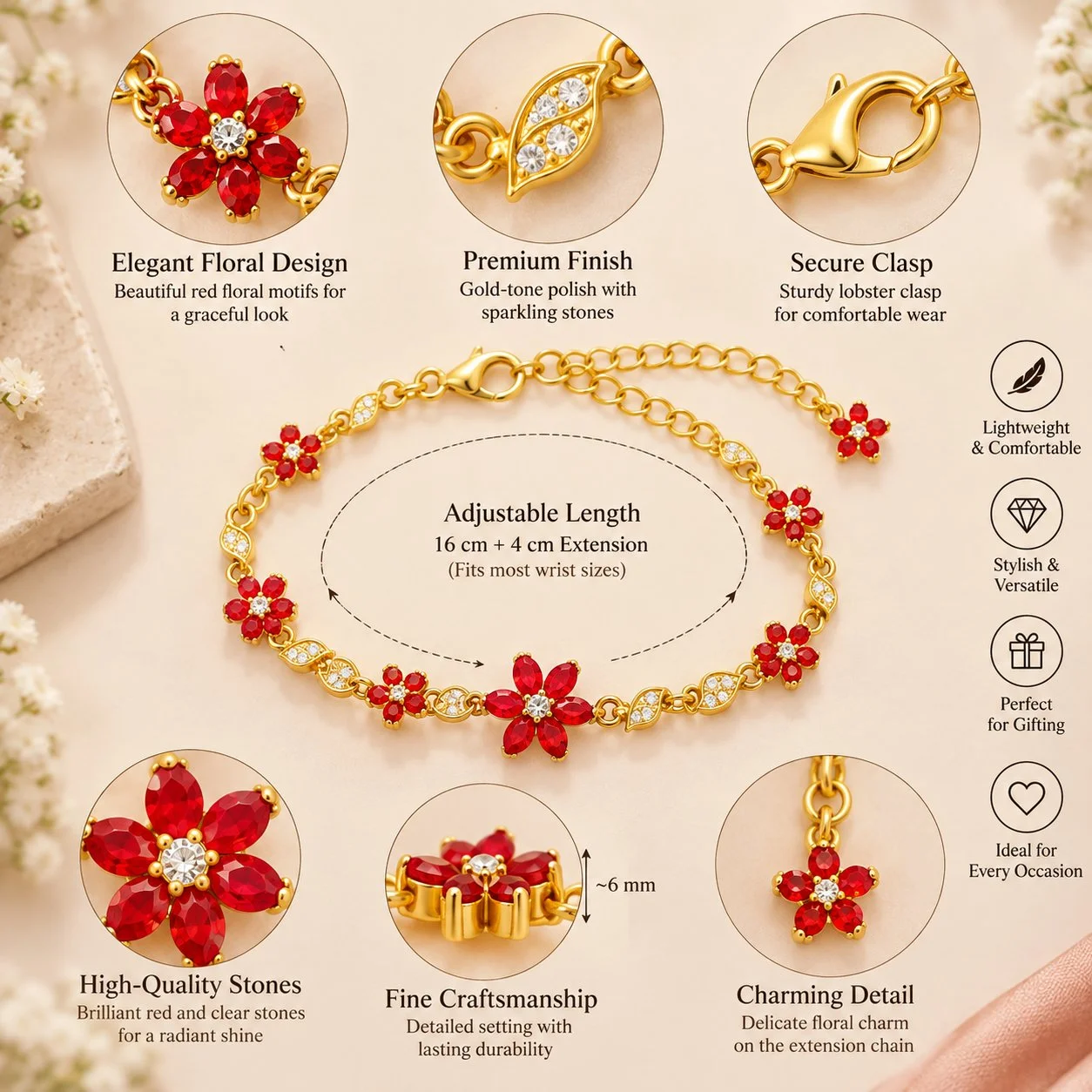 Red Crystal Flower Bracelet for Women – Gold Plated Adjustable Jewelry