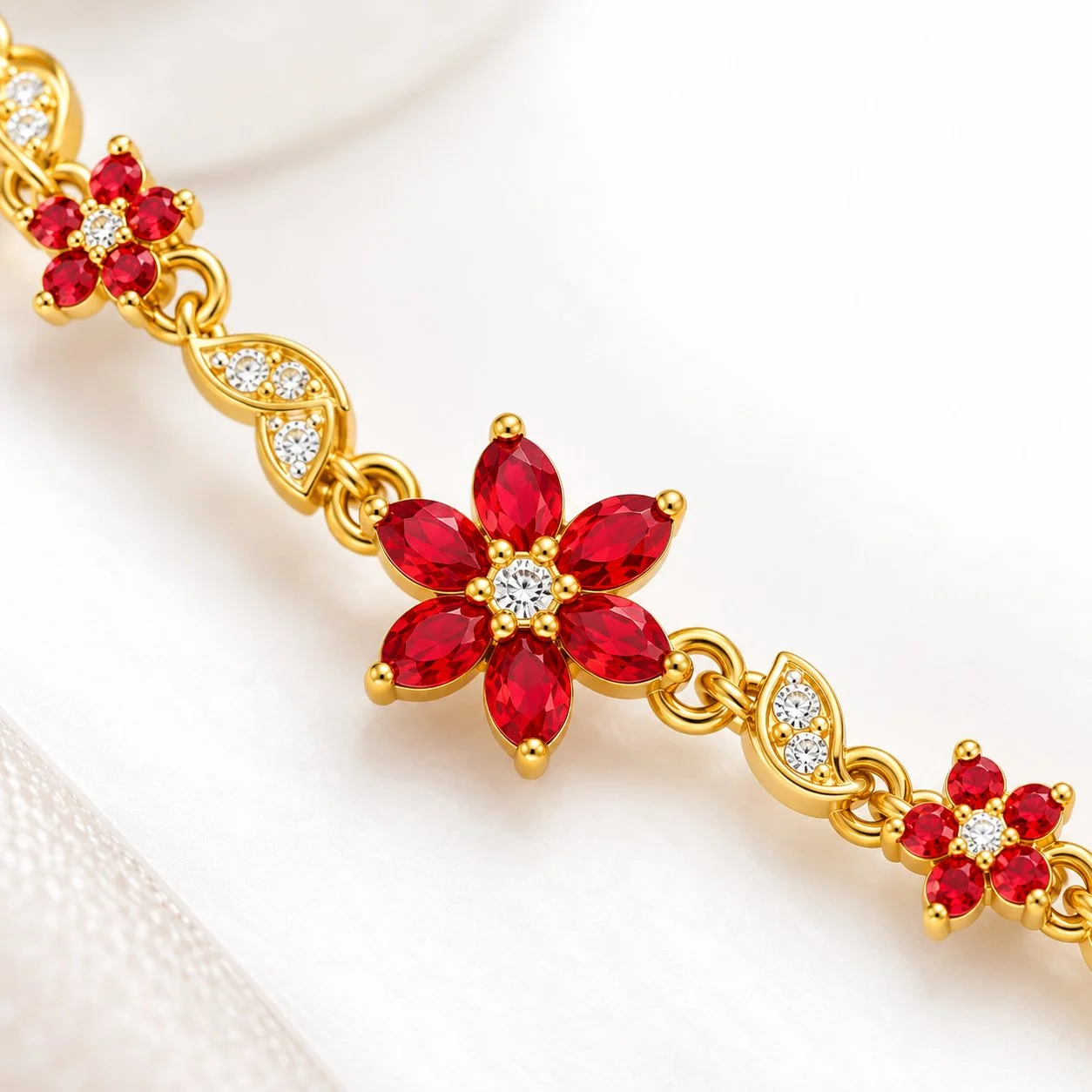 Red Crystal Flower Bracelet for Women – Gold Plated Adjustable Jewelry