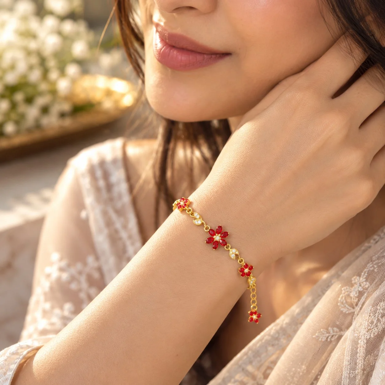 Red Crystal Flower Bracelet for Women – Gold Plated Adjustable Jewelry