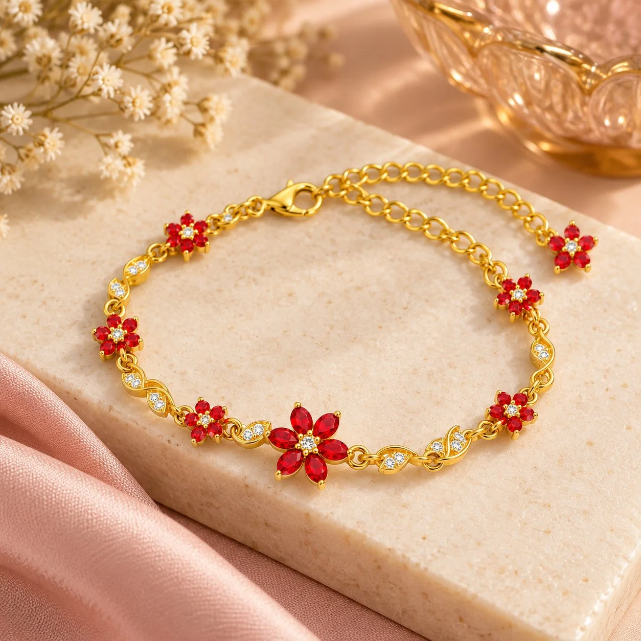 Red Crystal Flower Bracelet for Women – Gold Plated Adjustable Jewelry